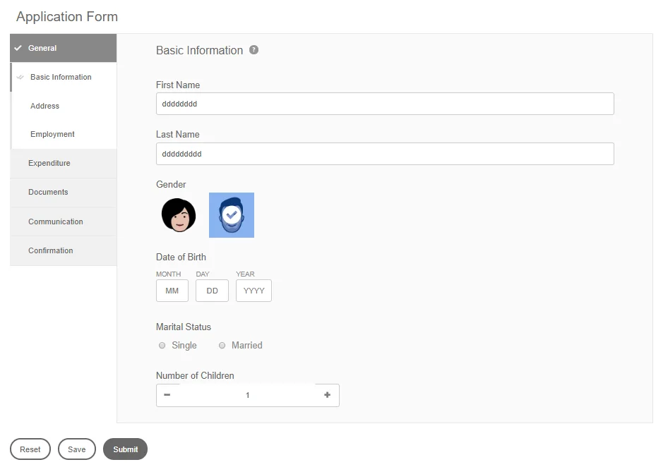 Example of a multi-section AEM Adaptive Form with a side navigation for General, Expenditure, Documents, Communication and Confirmation
