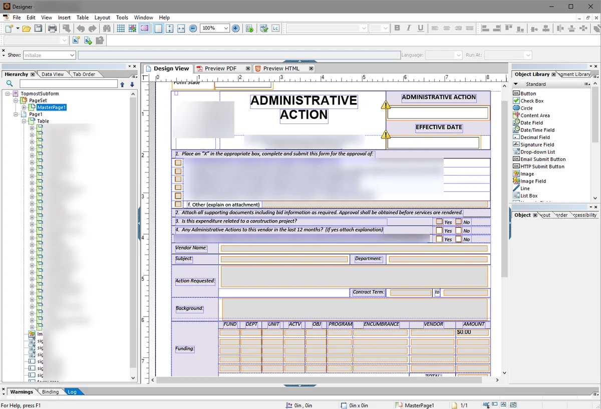 An XFA form being designed in AEM Forms Designer, showing the form hierarchy, the design view and the object library