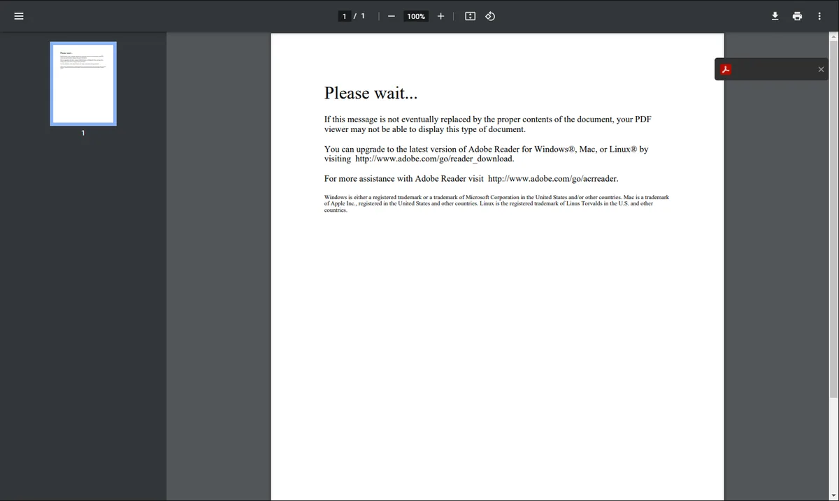 Chrome’s built-in PDF viewer showing the XFA form error: “Please wait… If this message is not eventually replaced by the proper contents of the document, your PDF viewer may not be able to display this type of document.”
